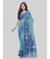 DESH BIDESH Women`s Phulkari Resham Dhakai jamdani Bengal Pure Cotton Handloom Saree Whole Body Design without Blouse Piece (Firoza Blue)